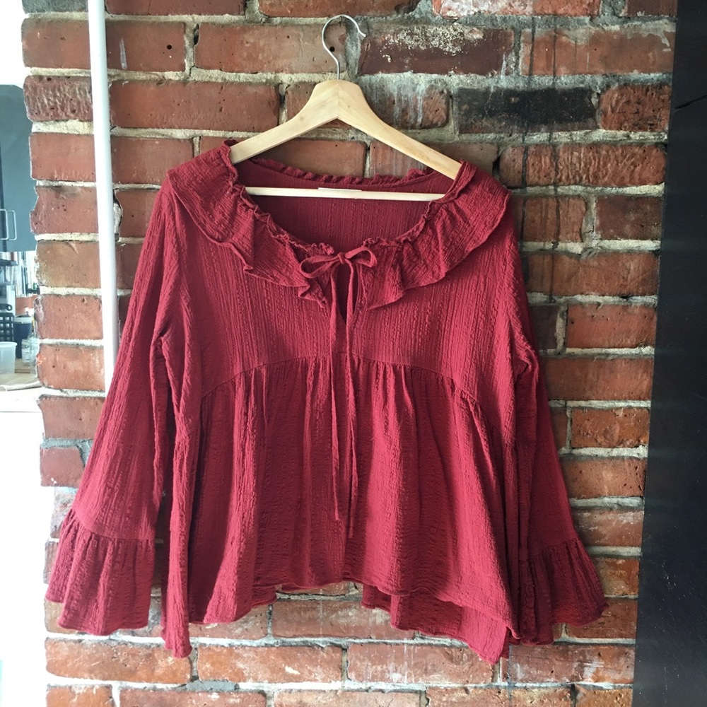 Boho top, ruffle neck, bell sleeve